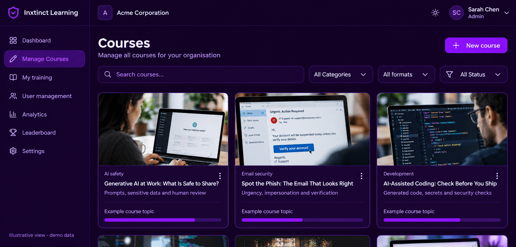 Inxtinct Learning library of safe generative AI, phishing awareness and secure coding courses