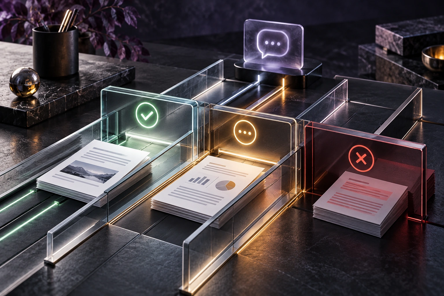 Company documents moving through allowed, review and restricted AI data-sharing lanes